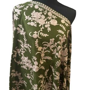 Pashmina Green Floral Embroidered Fabric